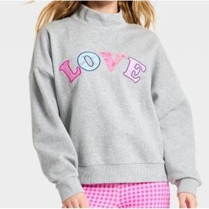 JoyLab Sweatshirt Athleisure XXS GreyNW Love Applique Mock Neck PulloverT